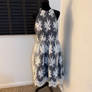 Elegant Black and White Lace Midi Dress